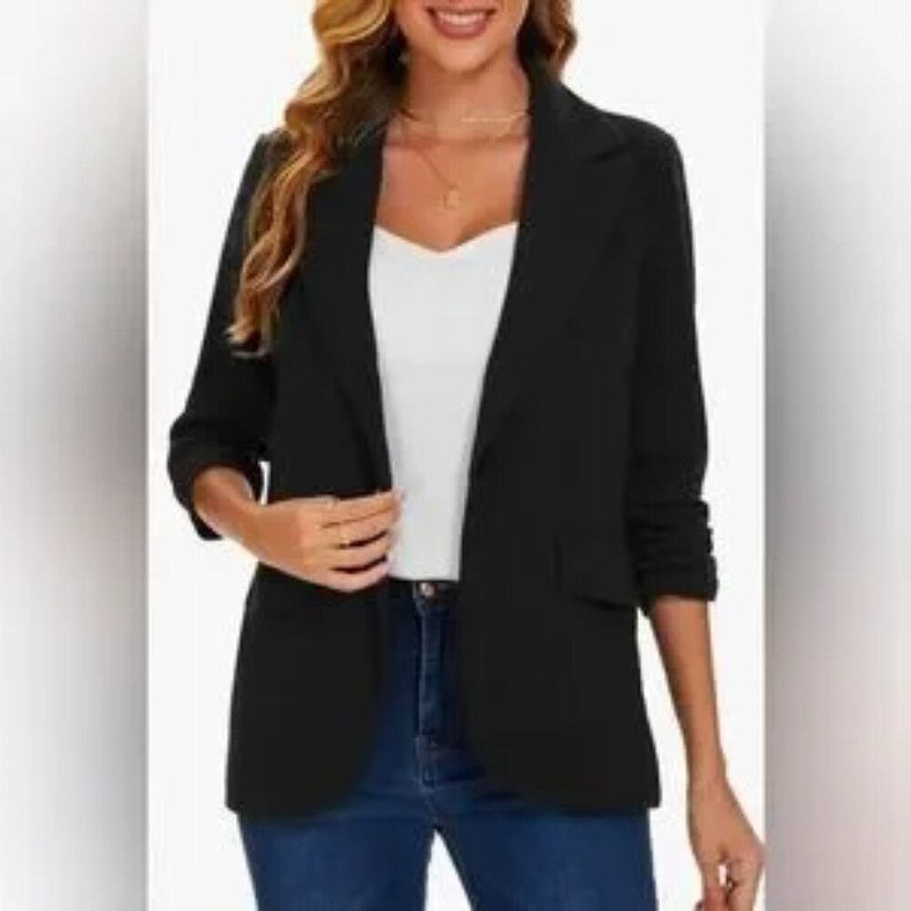 NWT! Mintlimit 3/4 Ruched Sleeve Open Front Black Blazer with Pockets Size XXL